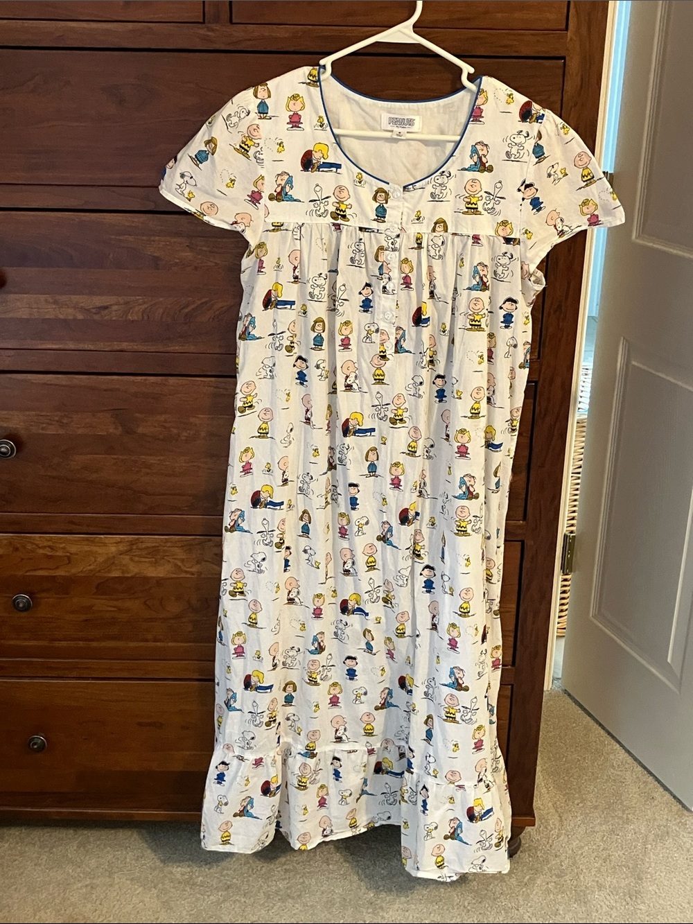 Peanuts White Short-Sleeve Character-Print Nightgown with Blue Trim